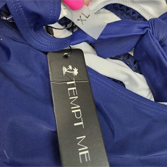Tempt Me New Navy Blue One Piece Swimsuit Bathing Suit Halter Size L - Picture 5 of 13